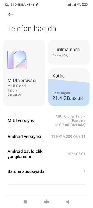 Redmi 9a aybi yuq