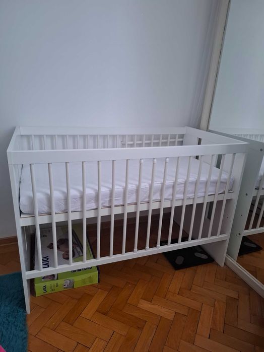 Patut lemn alb 120×60+saltea +cadita bebe