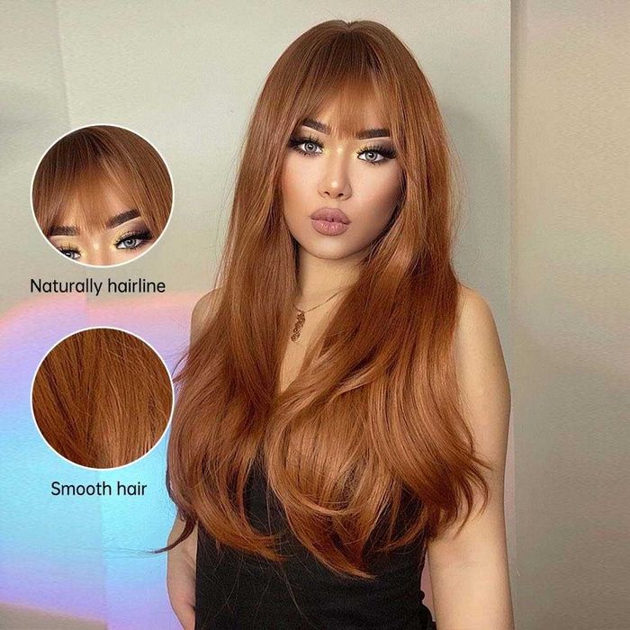 Дълга оранжева перука с тъмни корени и бретон