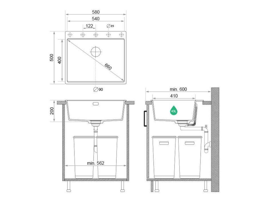 Кухненска Мивка от гранит  Осло XL TOP 580 x 500 mm - Черна + навиш