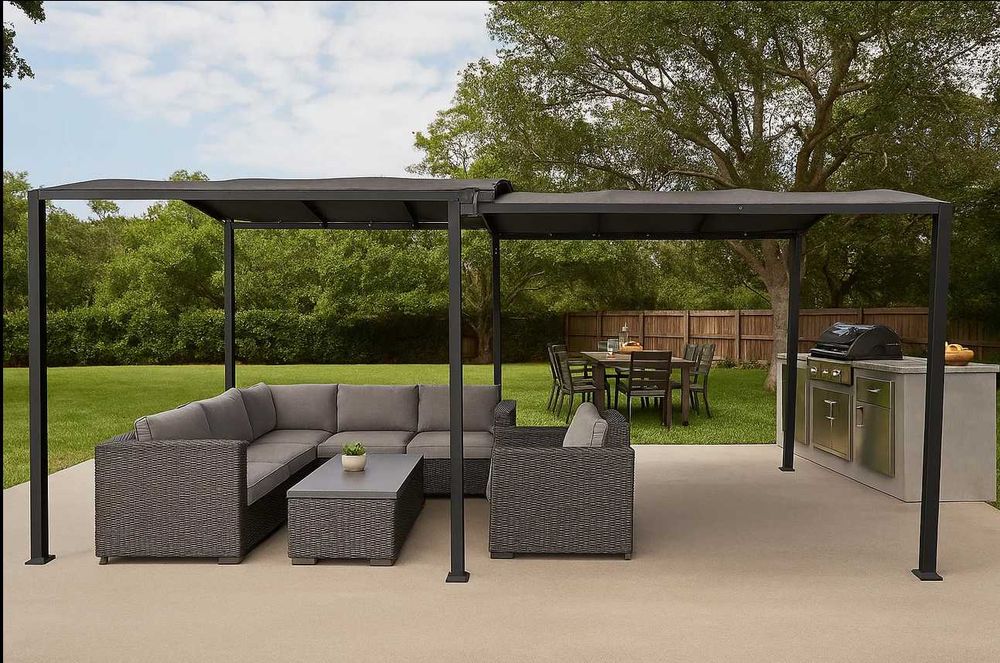 Pergola Dubla Premium CARPORT din Oțel 295×570 cm – Cadru Rezistent, Acoperiș Textil, Design Elegant pentru Grădină și Terasă