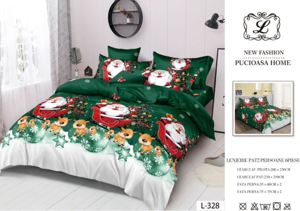 Lenjerie de pat FINET Premium 6 piese Ursuleti Mos Craciun