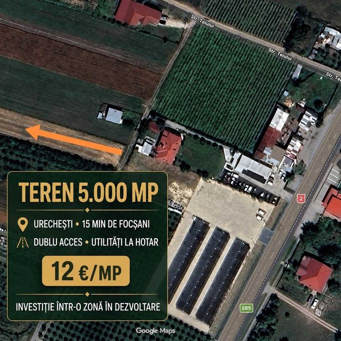Teren extravilan 5.000 mp, 12€/mp – Urechești, Vrancea – utilități și acces dublu