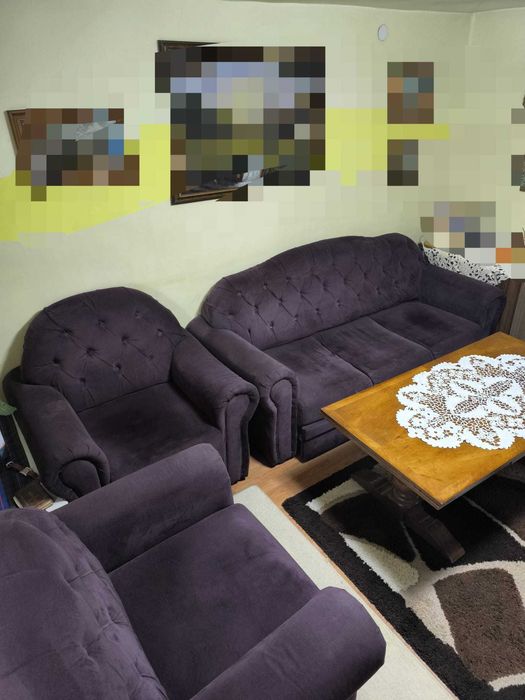 Set canapea extensibilă+ 2 fotolii fixe,tapițerie catifea mov închis