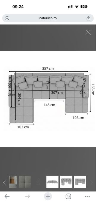 Coltar U Extensibil Otis Stanga, 6 Locuri, Lada Depozitare, Gri, 357 Cm nou nu a fost folosit