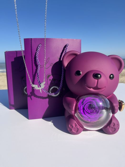 Мече с колие и ИСТИНСКА роза, 8 март, Ден на жената, рожден ден