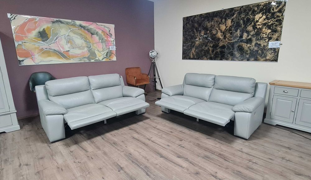 Италиански сив кожен комплект дивани две тройки с ел. релакс механизъм