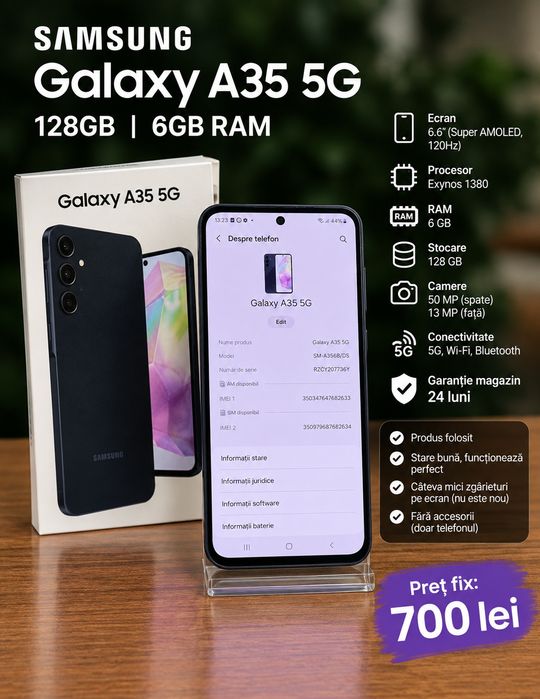Telefon Samsung Galaxy A35 5G Impecabil  128GB 6GB Ram Garantie Magazin 24 Luni Trimit Schimb Preț fix