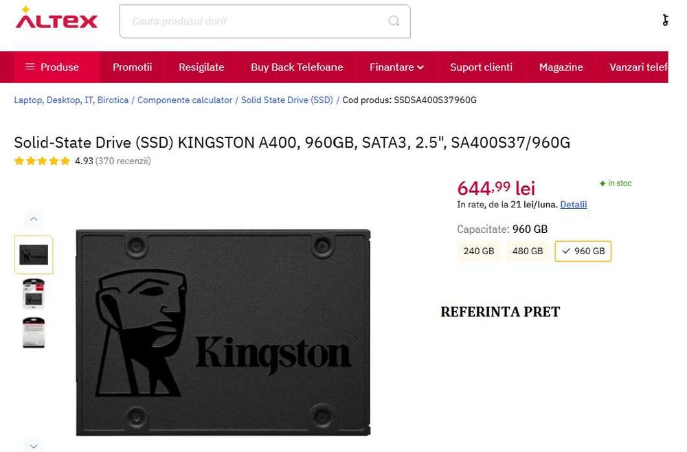 Solid-State Drive (SSD) KINGSTON A400, 960GB, SATA3, 2.5", NOU