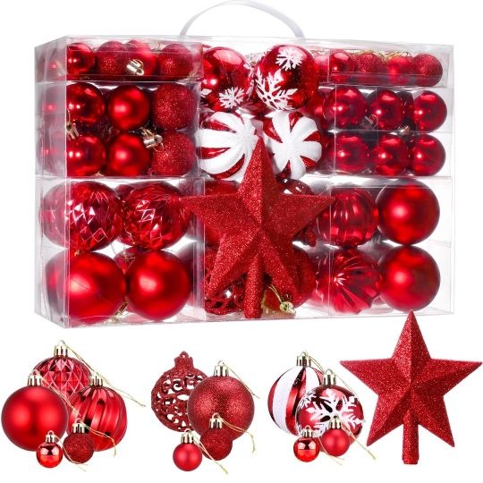 Set 101 globuri Crăciun roșii + stea vârf brad, 3–6 cm