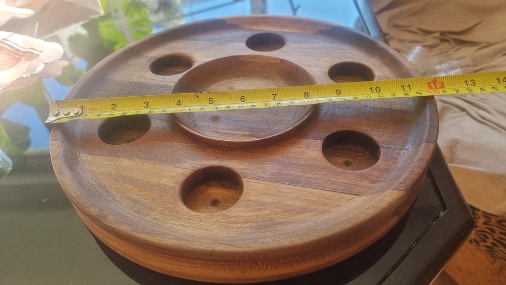 Комплект от дървен поднос и 6 бр. кристални чаши за ракия