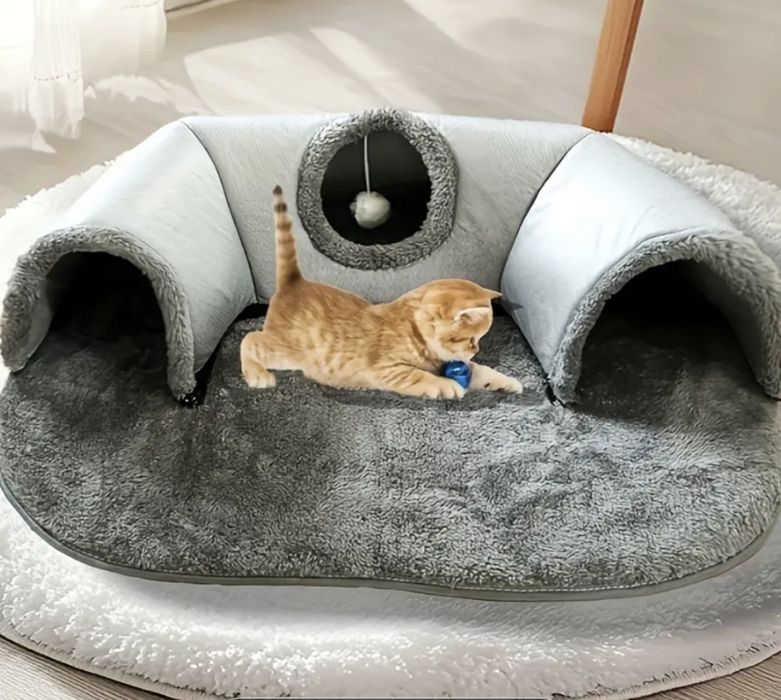 Плюшено котешко легло с тунел за игра - размер М, 55*75см