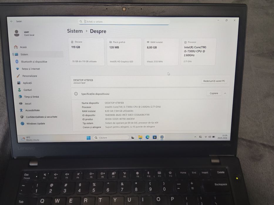 Laptop Lenovo Thinkpad T470S i5-7300u,8gb RAM ,ssd 128 GB  ambele baterii ok display 14 inch fhd Touchscreen