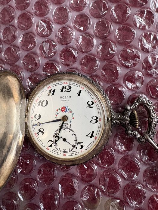 Ceas de buzunar vintage HOSAM Deluxe, Swiss Made, mecanic, 17 rubine,