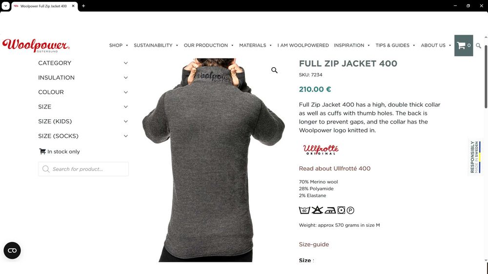 Woolpower ULLFROTTE Full Zip Jacket 400g 70% Merino Wool размер L горница 70% Мерино Вълна - 1075