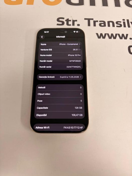 Telefon iPhone 16 Pro, 128GB, 5G, Desert Titanium, Bat.94% -T-