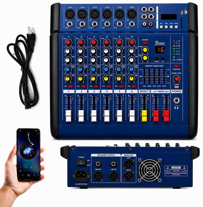Mixer audio activ 2 x 350W 6 canale Amplificat 16 efecte digital DSP PMX602D USB Bluetooth Egalizator