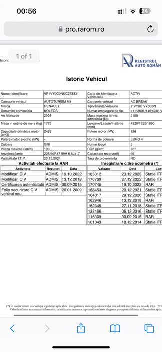 Renault koleos 2009 4x4 GPL istoric
