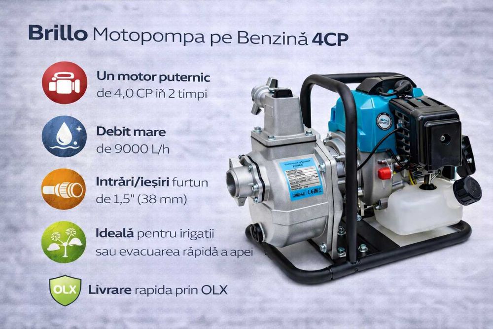 Motopompa Brillo 4CP pe benzina, 4.0 CP – debit mare 9000 l/h