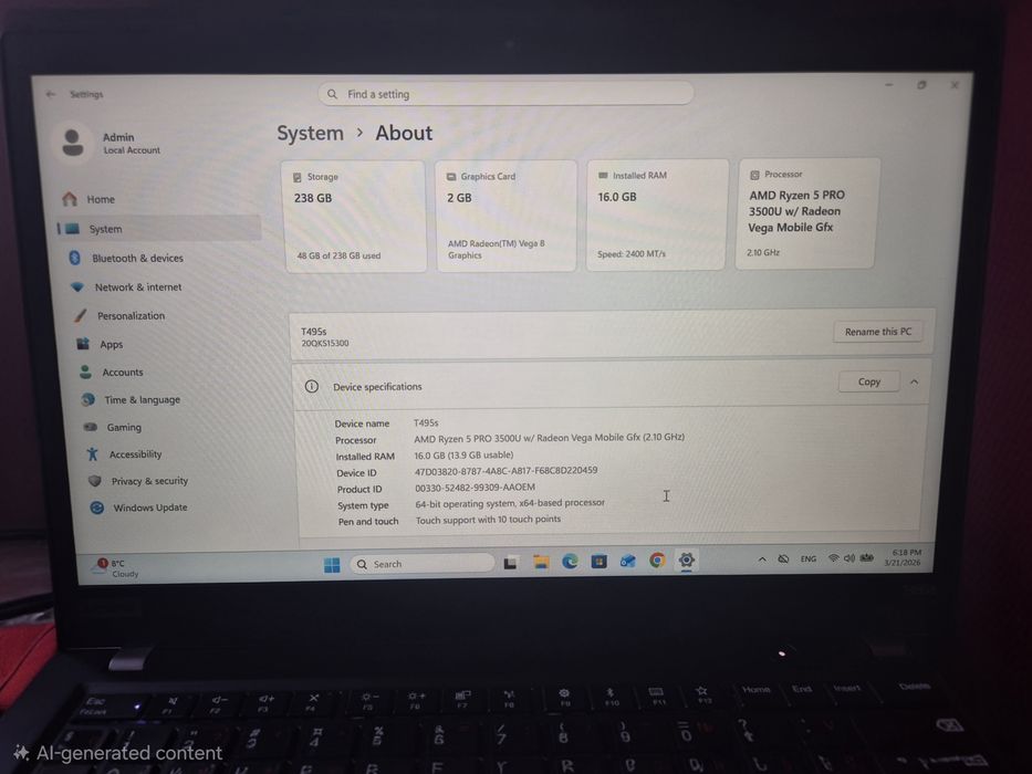 Лаптоп Lenovo T495s с 14" touch screen