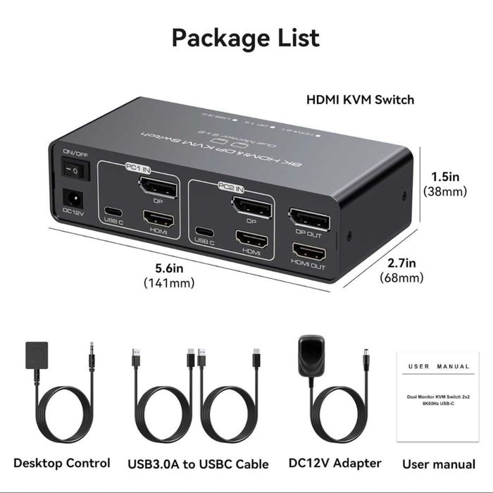 VEDINDUST HDMI Displayport KVM Switch 2 PC 2 monitoare 8K 60Hz 4K 120Hz Switch KVM aluminiu 2 computere care partajează 2 monitoare 4 dispozitive USB