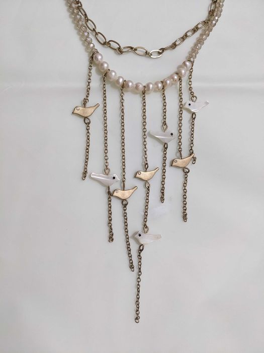 Set cercei & colier Meli Melo, perle albe și păsări, noi