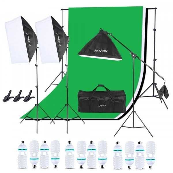 Kit studio foto, 3x softbox, suport fundal 2x3m, 12x bec 45W, 3 panze