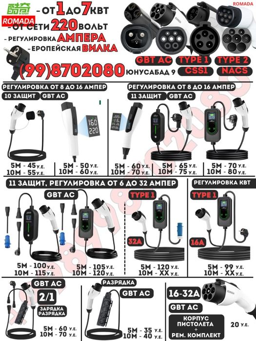 Зарядка электромобиля ROMADA 1.5-7 кВт. 6,8,10,13,16,24,32А. 220в.