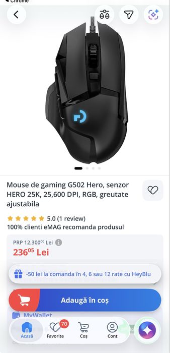 Pachet 10 x mouse Gaming Logitech G502 Hero 25K Dpi Noi