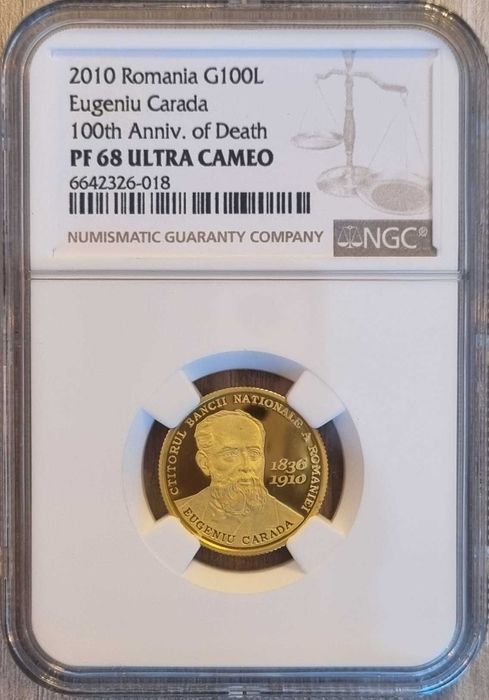 Moneda aur BNR 100 Lei, Eugeniu Carada, gradata NGC PF 68 UC