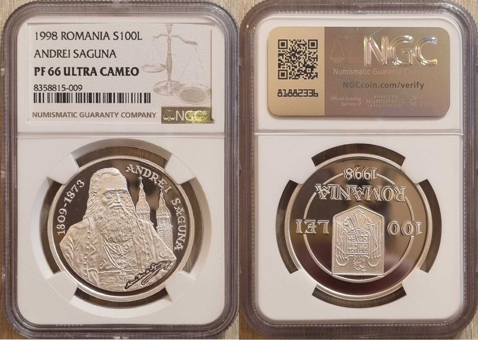Moneda BNR 100 lei argint Andrei Saguna gradata NGC PF 66 UC