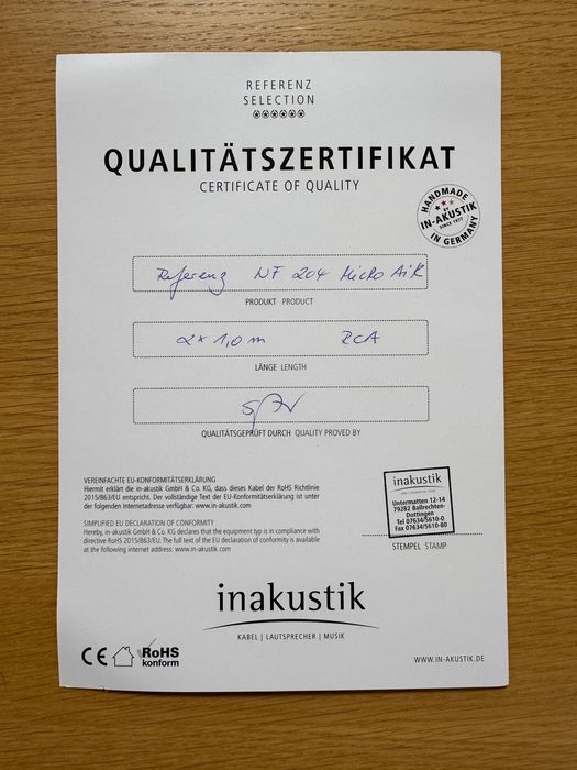 Inakistik Reference NF-204 RCA стерео аудио кабел - 1,00 метра