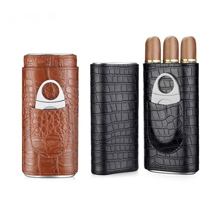 Елегантен кожен калъф за 3 пури с крокодилски ефект и резачка