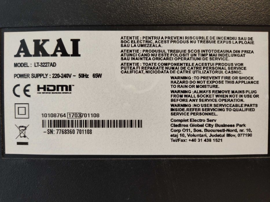 Televizor LED 32'' HD Akai LT-3227AD, negru, stare bună