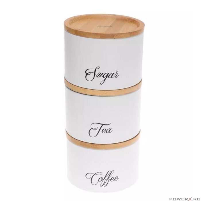 Recipiente pentru cafea, ceai, zahar, din inox-bambus, albe, Klausberg
