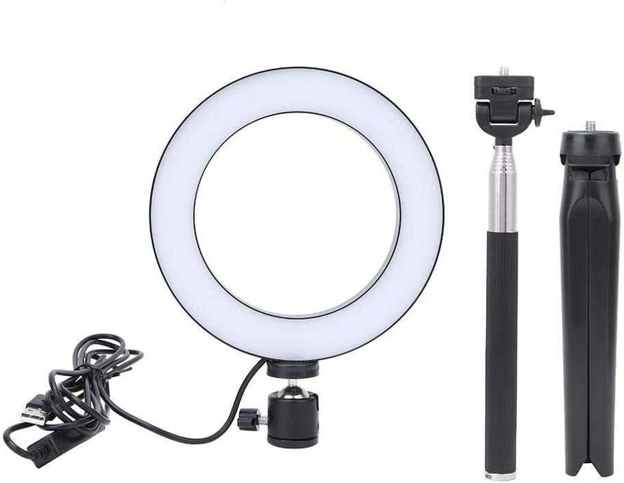 USB LED ринг лампа Tosuny 6 инча / 16 см с мини статив и селфи стик