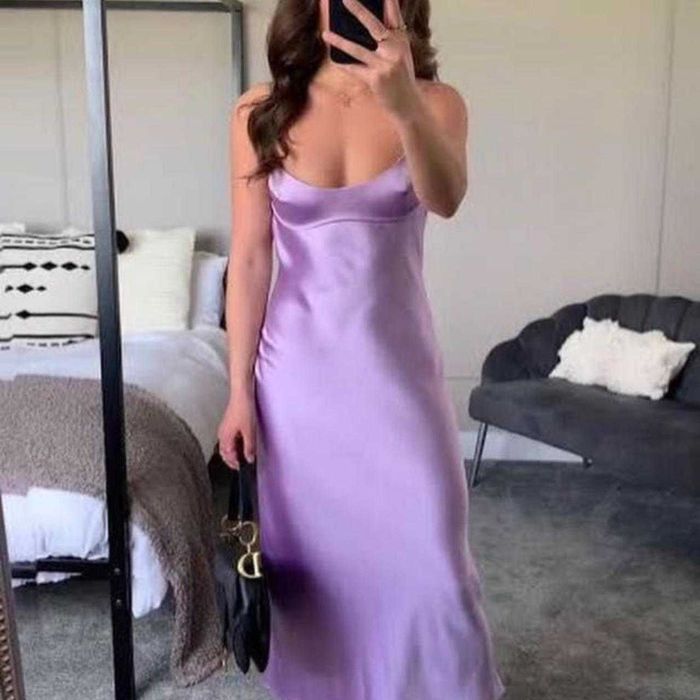 Rochie midi spate gol Zara liliac mov deschis pudra pastel satinată cu bretele