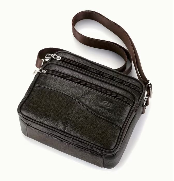 Мъжка обемна квадратна кожена чанта за рамо /Кафява и черна ест. кожа!