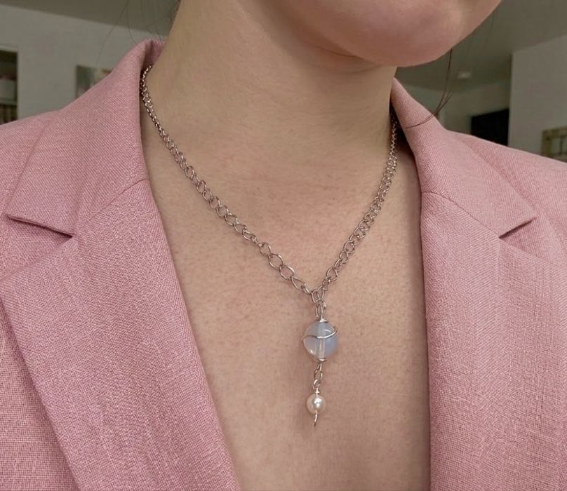 Pandativ de argint+opalit cu lanț din oțel inoxidabil