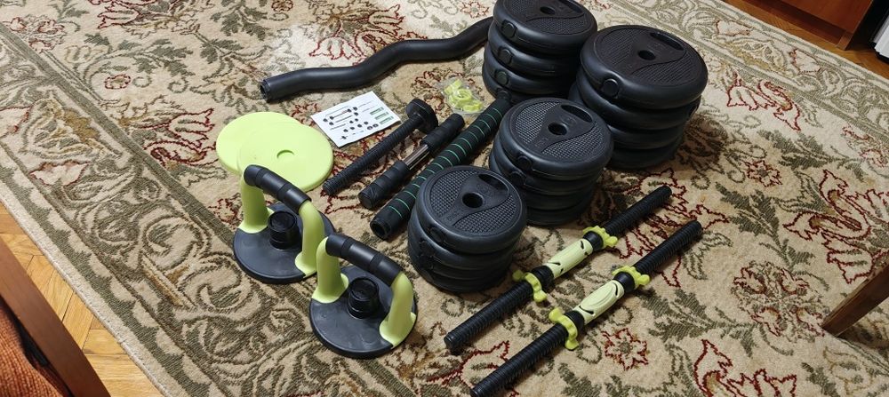 Set gantere reglabile multifuncționale 30 kg + bară EZ + accesorii