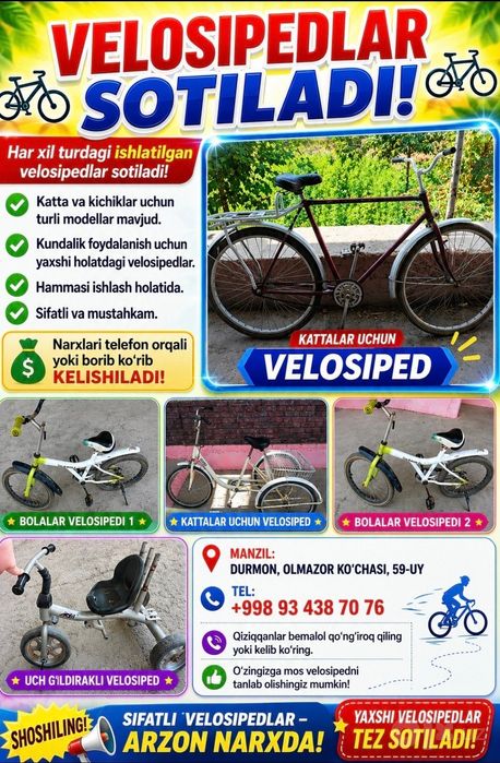 Velosipedlar sotiladi , kelishilgan narxda arzon