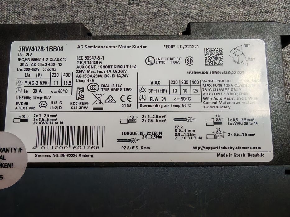 Soft starter Siemens SIRIUS 3RW4028-1BB04 18,5kW 38A – NOU