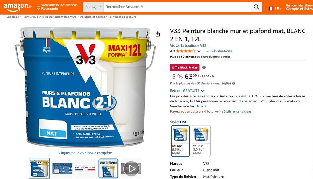 Vopsea lavabila albă V33 pentru pereți și tavane, mată, 2 în 1, 12 l
