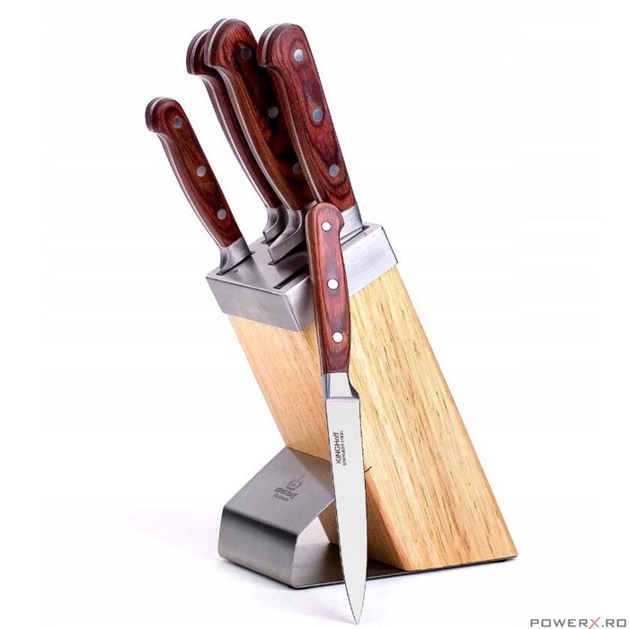 Set cutite Inox, 6 piese, suport patrat din lemn, mâner Pakka maro,
