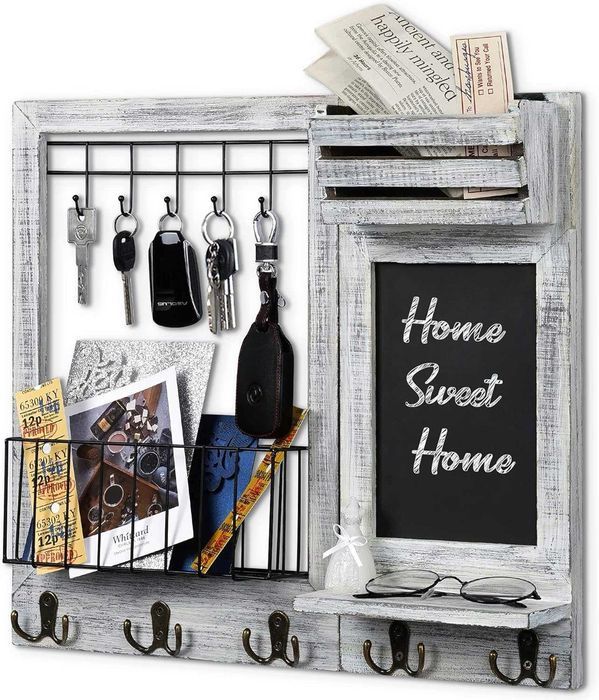 Etajera perete QILICZ, cu suport chei, scrisori si tabla, alb