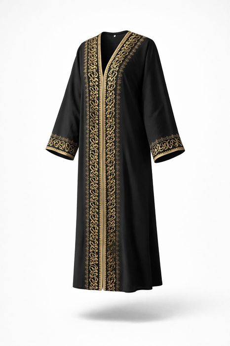 Роскошная чёрная абайя с изысканной золотой вышивкой