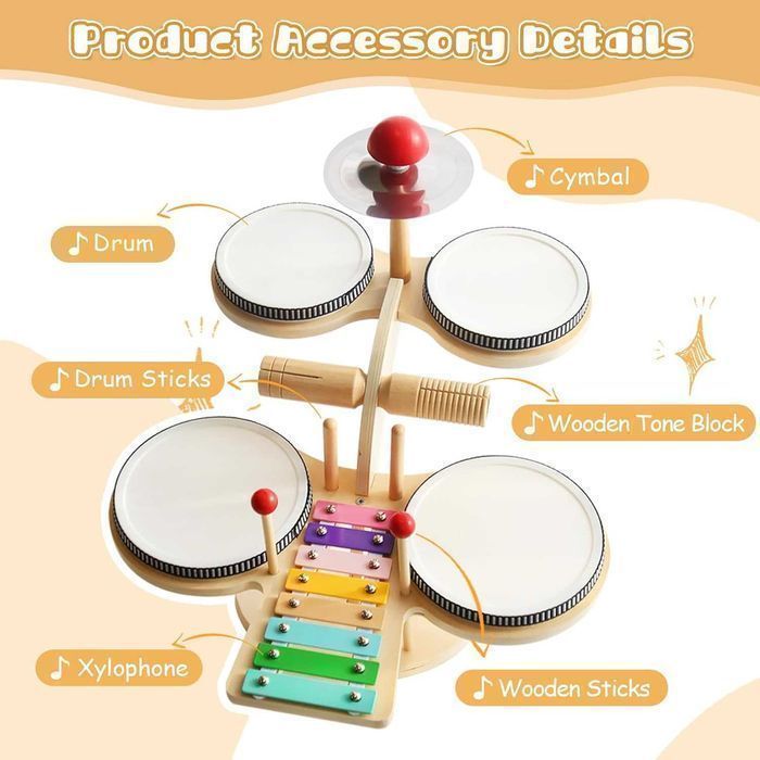 Set Muzical Montessori cu Tobe și Xilofon, Joynix, Lemn