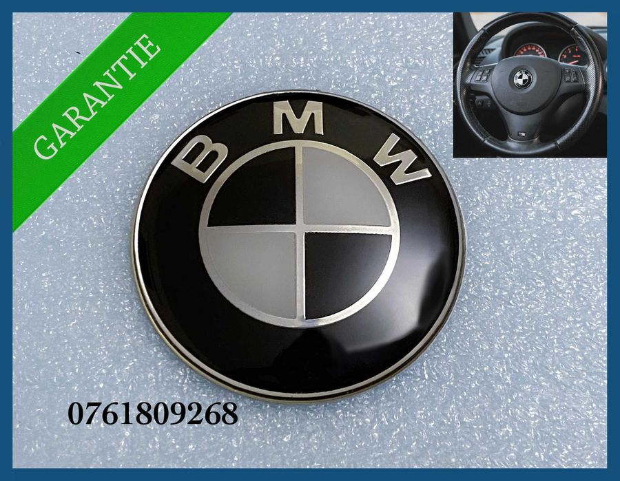 Emblema volan / logo autoadeziv BMW 45mm - seria 1 / 3 / 5 / 7 / X1 / X3 / X5 / X6 - alb negru