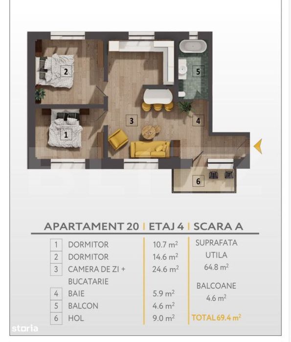Apartament 3 camere, 65 mp, zona Decebal
