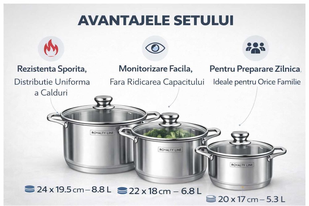 Set oale inox Royalty Line, 6 piese, capace din sticla
